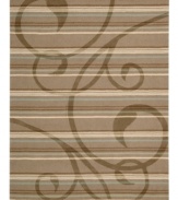 The layered look. Enhance your living area with the beautiful style and sheen of Nourison's Elements rug. Hand-loomed of plush wool for incredible texture, the luminous rug features a sweeping scrollwork design layered against earthy, neutral stripes.