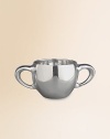 Heirloom-quality and perfect for engraving, the two-handle cup is handcrafted in lustrous alloy metal that makes it a perfect display amid baby photos and other childhood mementos. tarnish resistant Can be heated or chilled in the freezer 7-ounce capacity Hand wash 2½H X 5½ diam. Imported 