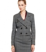 Traditional tweed gets a modern makeover for the office. Double-breasted styling and a cropped hem create a fresh twist on a classic blazer, from Nine West.