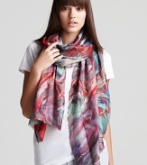 Red, purple and aqua run wild in a psychedelic, paint swirl print on this sheer cashmere and silk Bindya scarf.