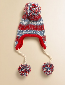 Secured by self-ties, this warming wool-rich hat is styled with a multicolored stripe pattern and beloved pom poms. Self-tie beneath chin70% polyester/30% woolHand washImported Secured by self-ties, this warming wool-rich hat is styled with a multicolored stripe pattern and beloved pom poms. Self-tie beneath chin70% polyester/30% woolHand washImported