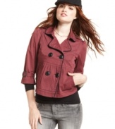 Transition from this season to that in a three-quarter sleeve jacket that sports classic, double-breast style and an adorable empire-waist design! From American Rag.