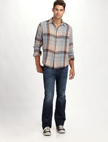 A dressed-down addition to any man's wardrobe, woven in cotton with earthtone checks and a slight slouch. ButtonfrontChest patch pocketCottonMachine washImported