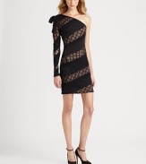 The drama is palpable in this one-shoulder sheath with diagonal insets of sheer scalloped lace alternating with elegant satin crepe.Diagonal necklineOne long sleeve with soft bow at shoulderSide zip closureAbout 19 from natural waistAcetate/viscoseDry cleanImportedSIZE & FITModel shown is 5'10 (177cm) wearing US size 4. 
