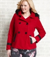 Stay cute in the cold with Dollhouse's plus size double-breasted jacket, featuring a faux fur hood.