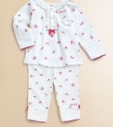 Rendered in ultra-soft cotton, this adorable feminine set is adorned with colorful flowers and bows.V-neckLong sleevesFront snapsElastic waistbandScalloped trim on cuffs and anklesCottonMachine washImported Please note: Number of snaps may vary depending on size ordered. Additional InformationKid's Apparel Size Guide 