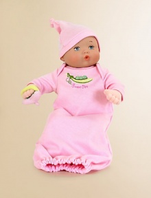 This precious baby doll has blue eyes and a brown curl painted on her forehead. She's dressed in a pink, snuggly soft, sleep sack with a gathered bottom. A picture of a sweet pea on the front has the words sweet pea written beneath it. A matching pink hat with a tassel and a soft plush pacifier in her hand completes this baby's outfit.12 plastic and fabric dollRecommended for ages 0 and upImported This precious baby doll has blue eyes and a brown curl painted on her forehead. She's dressed in a pink, snuggly soft, sleep sack with a gathered bottom. A picture of a sweet pea on the front has the words sweet pea written beneath it. A matching pink hat with a tassel and a soft plush pacifier in her hand completes this baby's outfit.12 plastic and fabric dollRecommended for ages 0 and upImported