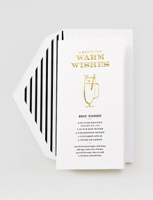 A chic nod to everyone's favorite winter warmer: Kate Spade New York's recipe for a hot toddy, done in letterpress, embellished with gold foil and tucked into a black and white striped envelop.Includes 10 cardsAccompanied by lined envelopesEach, 3.8 X 7.2PaperMade in USA A chic nod to everyone's favorite winter warmer: Kate Spade New York's recipe for a hot toddy, done in letterpress, embellished with gold foil and tucked into a black and white striped envelop.Includes 10 cardsAccompanied by lined envelopesEach, 3.8 X 7.2PaperMade in USA