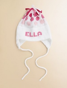 Cozy and warm in soft cotton, made just for her, with convenient ear flaps.Polka dot patternTie closureCottonHand or machine washMade in USAFOR PERSONALIZATION Select a quantity, then scroll down and click on PERSONALIZE & ADD TO BAG to choose and preview your personalization options. Please allow 2 to 3 weeks for delivery. 