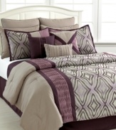 A sweet diamond design finished with a painterly impression and a lovely stripe of textured pleats makes a dramatic statement in this Holden comforter set. Comes complete with six shams and three decorative pillows for extra style.