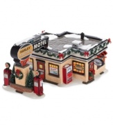 Chilled-to-the-bone bikers stop and refuel at the Harley Roadside Motel, a cozy place for anyone to stay during the holiday season. Festive garland, bows and ball ornaments add to its inviting aura. From Department 56.