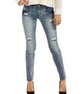 These Dollhouse skinnies feature chic fading and slight tattering for style with an edge! Studding and embroidery add instant flair.