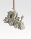 A glittery ornament for the discerning collector, carefully handcrafted in train-shaped glass glitter with a satiny ribbon loop. Ribbon loop Glass glitter 4W X 3H X 2D Handmade in USA 
