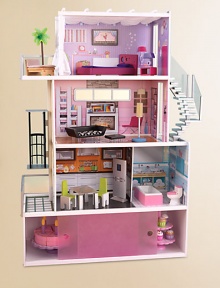 Get ready to fall in love with the Beachfront Mansion's sleek, modern design. This chic wooden dollhouse stands at over four feet tall and makes a great gift for any young girl who wants her dolls to live in style.Includes 14 pieces of furnitureWorking gliding elevatorStorage space with sliding doors under dollhouseAccommodates fashion dolls up to 12 inches tall33.13L X 13.75W X 49.38HMade of MDF & plastic26.5 lbsImported Get ready to fall in love with the Beachfront Mansion's sleek, modern design. This chic wooden dollhouse stands at over four feet tall and makes a great gift for any young girl who wants her dolls to live in style.Includes 14 pieces of furnitureWorking gliding elevatorStorage space with sliding doors under dollhouseAccommodates fashion dolls up to 12 inches tall33.13L X 13.75W X 49.38HMade of MDF & plastic26.5 lbsImported