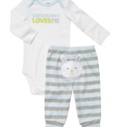 Help him hop into comfortable style with this adorable bodysuit and pant set from Carter's.