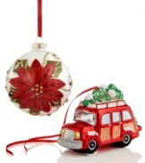 A little bit of everything. Combine the hand-painted poinsettia ball ornament with a classic family station wagon to ramp up the holiday cheer. Both shine with metallic sparkling accents by Holiday Lane.