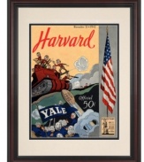 A patriotic spirit was shared by both sides at the 1942 Yale-Harvard football game. Crimson prevailed in the wartime duel, but this historic cover art is a winning collectible for fans of either team with a frame of cherry-finished wood.