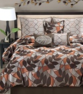 An eclectic mosaic design with simple leaf accents captures the essence of modern charm in this jacquard woven Arcadia comforter set. Shams, bedskirt and three decorative pillows all in a warm palette of orange, brown and gray tie together this contemporary look inspired by nature.