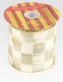For wrapping or decorating, indoors and out, this signature ribbon has a linen-like texture and wired edges to adorn everything from packages to the banister to the tree.Checks on one side, solid gold on the otherWater-resistant for indoor or outdoor useWired for easy shaping10-yard spool4 widePolyester/metallicImported For wrapping or decorating, indoors and out, this signature ribbon has a linen-like texture and wired edges to adorn everything from packages to the banister to the tree.Checks on one side, solid gold on the otherWater-resistant for indoor or outdoor useWired for easy shaping10-yard spool4 widePolyester/metallicImported
