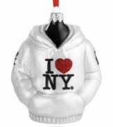 Bundle up your Christmas tree with big city style in this shiny, snow-white I Love NY hoodie ornament from Kurt Adler.