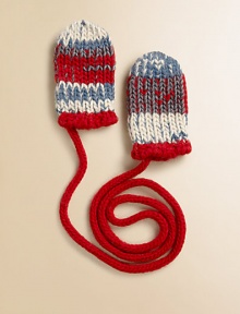 Secured by a loss-prevention string, these striped mittens are crafted from a wool-rich blend that's bound to keep them cozy. Attached loss-prevention string70% polyester/30% woolHand washImported Secured by a loss-prevention string, these striped mittens are crafted from a wool-rich blend that's bound to keep them cozy. Attached loss-prevention string70% polyester/30% woolHand washImported