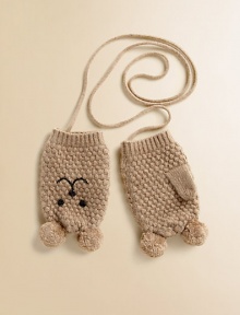Supremely soft mittens in a wool and cashmere blend, finished with a sweet bear-inspired pattern they'll love to show off. Loss-prevention stringPolyester/nylon/wool/angora/cashmereHand washImported Supremely soft mittens in a wool and cashmere blend, finished with a sweet bear-inspired pattern they'll love to show off. Loss-prevention stringPolyester/nylon/wool/angora/cashmereHand washImported