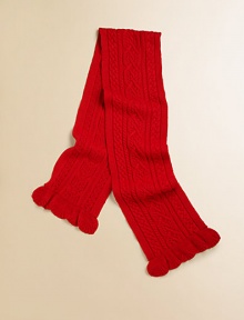 Rendered in the softest blend of hearty cotton and wool stitches for comfortable warmth, a classic cabled scarf is trimmed with ruffled pointelle edges for a pretty finish.Ribbed panel and ruffled pointelle trim66 X 8Cotton/WoolMachine washImported