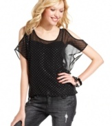 Sparkling rhinestones add serious glitz appeal to this sheer, shoulder cutout top from One Clothing. For a cool way to rev-up your day look, rock the top with a pair of rugged jeans.