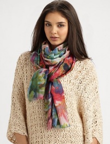 EXCLUSIVELY AT SAKS. This boldly colored design boasts a luxurious cashmere and silk blend. 55% cashmere/45% silkAbout 28 X 80Dry cleanImported 