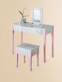 From the Bouquet Collection. A delightful addition to your little girl's room, this hand-painted vanity table and stool will inspire hours of imaginative play.Fold-down mirror with compartments Two drawers Vanity: 34½W X 25½H X 15D Stool: 15W X 12H X 14¼D Constructed of MDF Imported Recommended for ages 3 and up Please note: Some assembly may be required. From the Bouquet Collection. A delightful addition to your little girl's room, this hand-painted vanity table and stool will inspire hours of imaginative play.Fold-down mirror with compartments Two drawers Vanity: 34½W X 25½H X 15D Stool: 15W X 12H X 14¼D Constructed of MDF Imported Recommended for ages 3 and up Please note: Some assembly may be required.