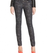 Can't get enough graphic denim this season? Neither can we! These skinny jeans from Jessica Simpson combine an understated print with metallic accents and a textured finish.