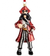 The Jolly Roger. Kurt Adler's pirate ornament brings a sense of adventure to the holiday season, complete with a hook and eye patch in handcrafted Polonaise glass.
