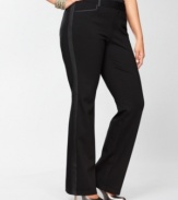 INC's plus size pants get a leg up with sleek faux-leather tuxedo stripes. Perfect for the holiday season or anytime you want to dress up your look.