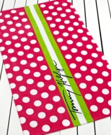 Pretty in pink. A white and hot pink polka dot pattern give this Tommy Hilfiger beach towel a perfectly preppy flair. Finished with a chic lime green and white stripe and the Tommy Hilfiger signature. Pretty in pink. A white and hot pink polka dot pattern give this Tommy Hilfiger beach towel a perfectly preppy flair. Finished with a chic lime green and white stripe and the Tommy Hilfiger signature.