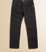 Dark denim is still going strong this season. These jeans feature a touch of stretch to give him a comfortable fit.Button closureZip flyFive-pocket styleAdjustable waistbandBelt loopsMetal rivet details Topstitching98% cotton/2% spandexMachine washImported
