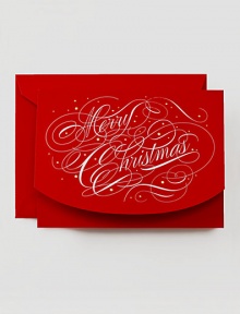 Elegant swirls of white spelling Merry Christmas dotted with gold on this cheery red card convey the magic of the season. Inside reads May your season be merry and bright engraved in white ink.Set of 10 cards5.5 X 7.38Made in USA Elegant swirls of white spelling Merry Christmas dotted with gold on this cheery red card convey the magic of the season. Inside reads May your season be merry and bright engraved in white ink.Set of 10 cards5.5 X 7.38Made in USA
