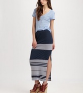 Boldly striped maxi skirt has a comfy elastic waistband and a sultry side slit. Elastic waistbandSide slitAbout 37 from natural waist58% polyester/21% model/21% supimaMachine washMade in USAModel shown is 5'10 (177cm) wearing US size 2.