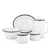 In the hands of kate spade, black and white is anything but basic. Dancing ebony stitched stripes provide a stunning contrast to the pristine china of the Union Street coffee pot (shown right).