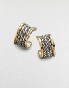From the Wheaton Collection. Arcs of twisted sterling silver cable, elegantly edged by bands of 18k gold. Sterling silver and 18k yellow gold Diameter, about ½ Post back Made in USA