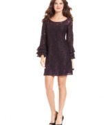 Work the crowd in a dress that mingles rich purple lace, ruffles and sequins. From Jessica Howard.