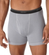 Topping the A-list of comfort, this boxer brief represents the perfect union between your favorite boxers and reliable briefs. With just the right amount of support and tons of cotton comfort you can't go wrong with this pick. Same coverage as a brief with legs extending to the top of the thigh like a boxer. Vertical fly and signature logo waistband provide the best in functional style. Classic and refined, fill your drawers with this must-have basic.