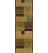 This long runner is ideal for hallways and entryways. A simple circle within a panel design creates a rug of abstract beauty with tribal allure. The rich palette of beige, olive, khaki and plum features striated accents and subtle gradations for a softly weathered effect.