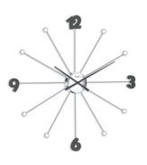 Punctuate a room with the funky, umbrella-shaped timekeeper from Opal Clocks. Spokes at every hour and a sleek black and silvertone scheme make this large wall clock a standout piece in modern settings.