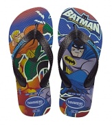 Summery thong sandals with super hero print on the footbed.