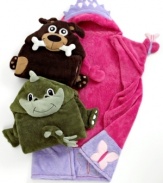 Warm and cozy. Wrap your kids in these fun and bright Berkshire Cuddly Creatures throws, featuring hoods and mittens so they can actually be worn. Kids can choose from three cuddly creatures: dog, princess or dinosaur!