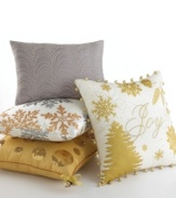 Golden christmas trees and snowflakes adorn this decorative pillow from Martha Stewart Collection, featuring embroidered Joy lettering on the face. Finished with decorative trim for an added burst of holiday spirit.