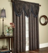 Refine your dining room or master suite with the Danbury waterfall valance. A two-tone jacquard pattern with coordinating trim complements formal settings with regal, old-world elegance. Lined and light-filtering to dim the room for added drama.