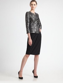 Metallic floral jacquard, tailored in a feminine silhouette accented by a pleated peplum.CollarlessButton front closuresThree-quarter sleevesFlap pocketsPleated peplumAbout 21½ from shoulder to hem76% polyester/24% viscoseDry cleanImportedModel shown is 5'10 (177cm) wearing US size 4. 