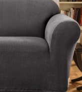 Fashionably modern with a subtle two-toned pattern, the Stretch Metro slipcover from Sure Fit makes updating furniture effortless! Its one-piece construction offers complete coverage that tucks neatly and stays securely in place.