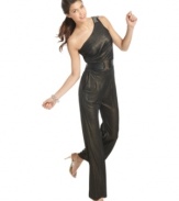 Be sexy-chic in Sugar & Spice's one-shoulder jumpsuit. Outfitted with a super sparkly metallic shimmer and a beaded shoulder strap, it's perfect for nighttime!